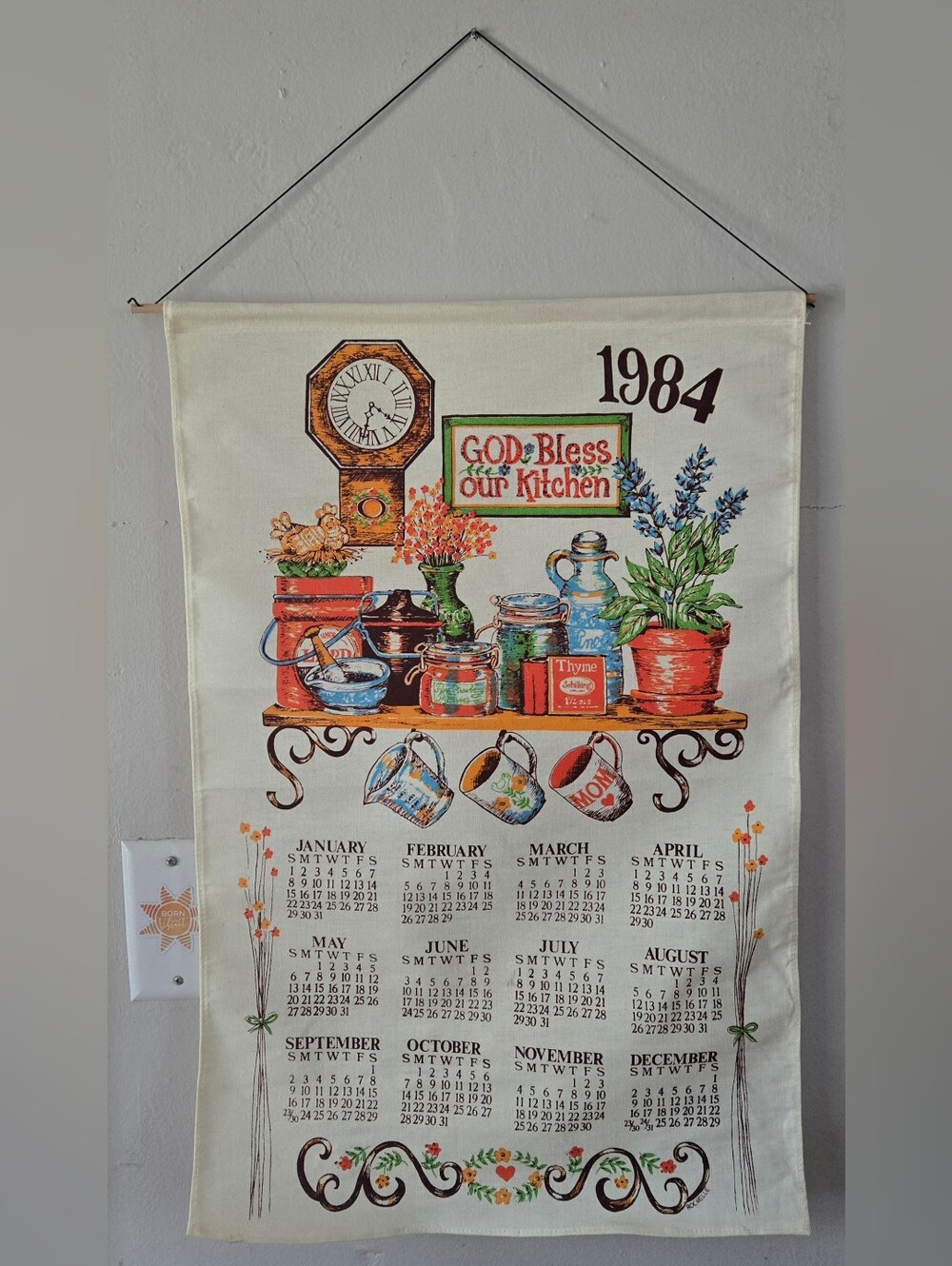 Vintage 1984 Calendar Linen Tea Towel w/ Rod & String to Hang Kitchen Theme